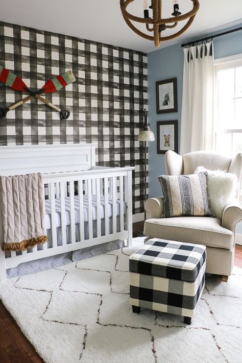 Baby Boy Nursery with Buffalo Check Wallpaper - Sypsie.com Buffalo Check Nursery, Nursery Wallpaper Boy, Wallpaper Boy, Nursery Ideas Boy, Nursery Reveal, Stylish Bedroom Design, Farmhouse Nursery, Neutral Furniture