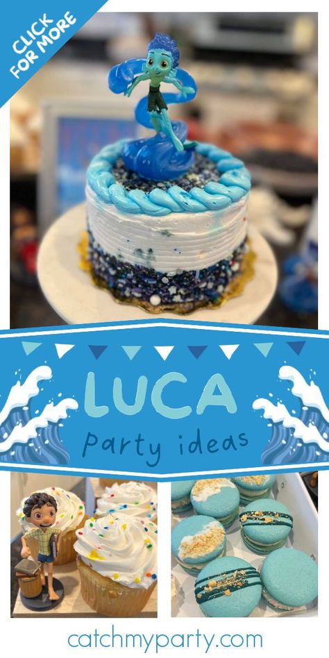 Don't miss this awesome Luca-themed birthday party! Love the birthday cake! See more party ideas and share yours at CatchMyParty.com Luca Birthday Party Ideas Food, Luca Theme Birthday Party, Luca Birthday Cake, Luca Birthday Party Ideas, Luca Birthday, Disney Luca, Sea Party Ideas, Pool Party Themes, Beach Baby Showers