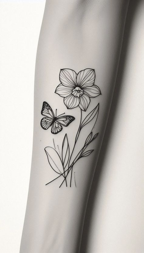 Daffodil Flower & Butterfly Tattoo: March Birth Flower Symbolizing New Beginnings Daffodil And Rose Tattoo, March Flower Tattoo, March Tattoo, Flower Butterfly Tattoo, March Birth Flower Tattoo, Art Vendor, Daffodil Flower Tattoos, March Birth Flower, Carnation Tattoo