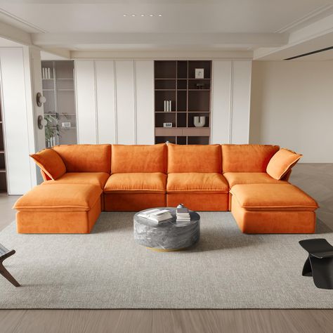 PRICES MAY VARY. ⛅[Comfortable Couch] Made of high-quality velvet fabric, the 6-seast orange couch is wear-resistant, wrinkle resistant, hard to deform, and as new as after long use. Built in pine frame for moderate softness and hardness, comfortable sitting, restoring natural relaxation. ⛅[Fashion & Ergonomics] The cushion, backrest, and support frame of the U shape sectional couch are all perfectly ergonomic, making it a perfect living room furniture set suitable for most types of decorative s Orange Sofas, Sectional Couches, Modular Sectional Sofa, Modular Sectional, Sectional Sofa, Sectional, Ottoman, Couch, Velvet