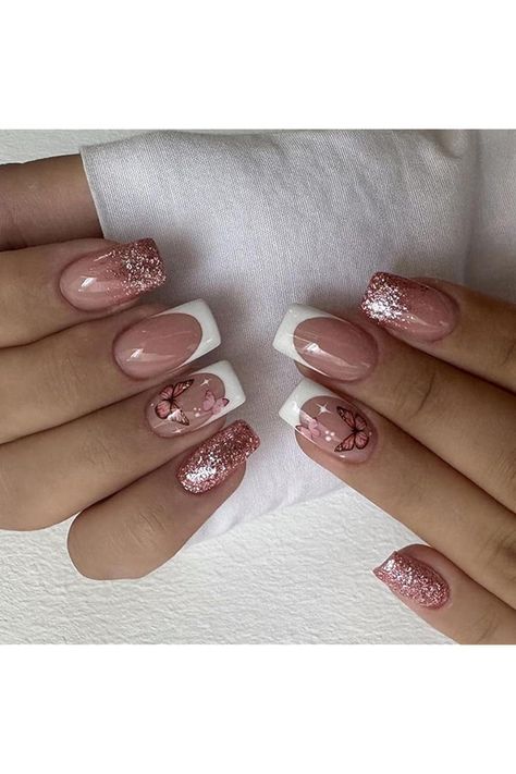 24 Pcs Pink Press on Nails Medium Square - BHLFRH Fake Nails Press ons White French Butterfly Rose Gold Glitter Design False Nails Full Cover Glossy Acrylic Artificial Nail Art Glue on Nails Manicure Nails Medium Square, Pink Press On Nails, Nails Press Ons, Violet Nails, Rose Gold Butterfly, Press On Nails Medium, Nails Press, Nails Medium, Glitter Design