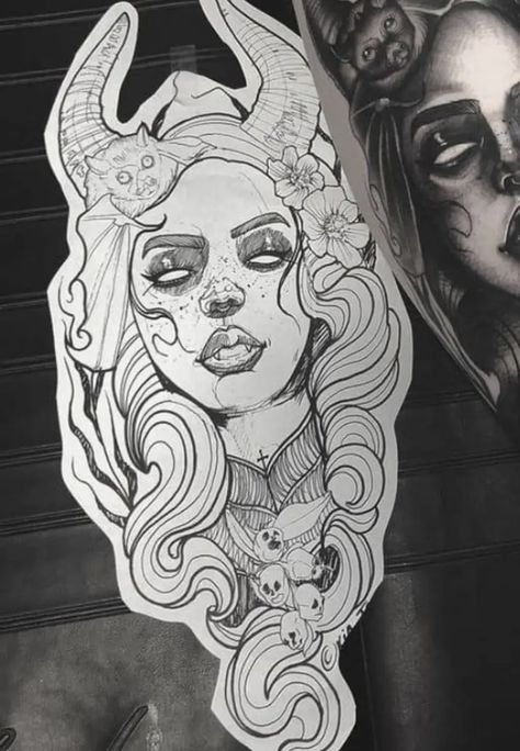 Horned Goddess Tattoo, Taurus Lady Tattoo, Demon Lady Tattoo, Lilith Tattoo Design, Demon Girl Tattoo, Lilith Tattoo Art, Tattoo Design For Hand, Girl Face Drawing, Taurus Tattoos