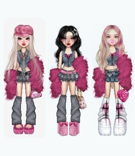 Kpop Everskies, 3 Member Girl Group, Everskies Y2k, Everskies Outfits, Bratz Inspired Outfits, Preformance Outfits, Group Outfits, Fashion D, Outfit Pink