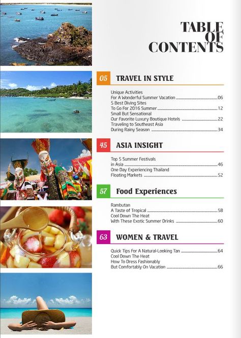 Magazine Table Of Contents Design, Table Of Contents Magazine, Magazine Table Of Contents, Travel Magazine Design, Travel Magazine Layout, Contents Page Design, Table Of Contents Design, Table Of Content, Magazine Layout Inspiration