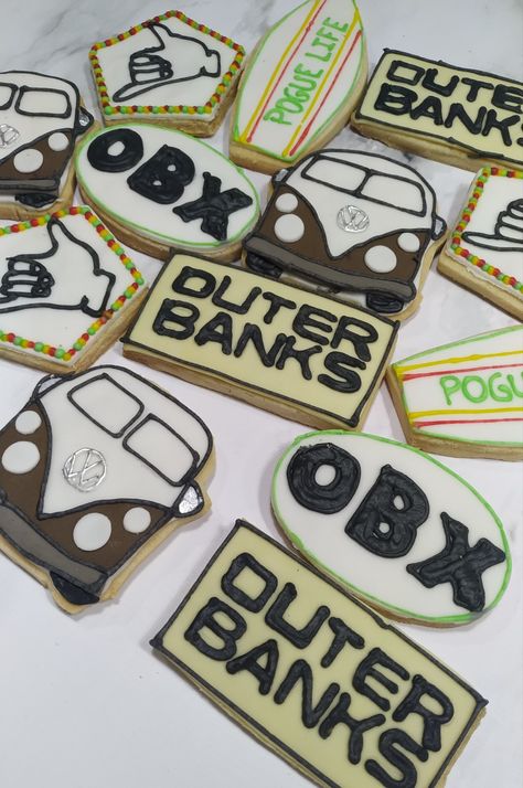 Outer Banks Cookies Decorated, Outer Banks Cookies, Outerbanks Party Ideas, Obx Outer Banks Birthday Party, Bank Cake Ideas, Outer Banks Themed Birthday Party, Outer Banks Birthday Party Ideas, Outer Banks Cake, Outer Banks Party