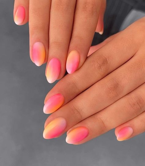 Airbrush Nails, Summery Nails, Vacation Nails, Short Acrylic Nails Designs, Oval Nails, Beach Nails, Orange Nails, Yellow Nails, Fire Nails