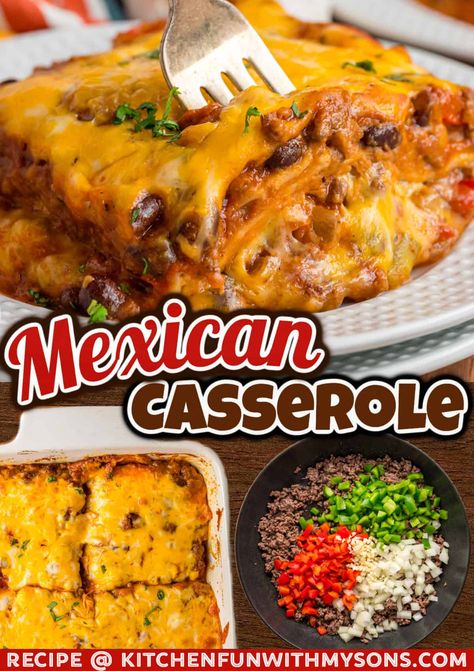 Made with flour tortillas, ground beef, and beans, this Mexican Casserole recipe is bursting with flavor in every bite. It's hearty, filling, and easy to make too!  #casserolerecipes #easydinnerideas Mexican Hotdish Ground Beef, Tortilla Casserole Recipes Beef, Mexican Casserole With Beef Doritos, Mexican Easy Dinner Recipes, Mexican Casserole With Beef, Taco Casseroles, Holiday Meats, Mexican Ground Beef Recipes, Ground Beef And Beans