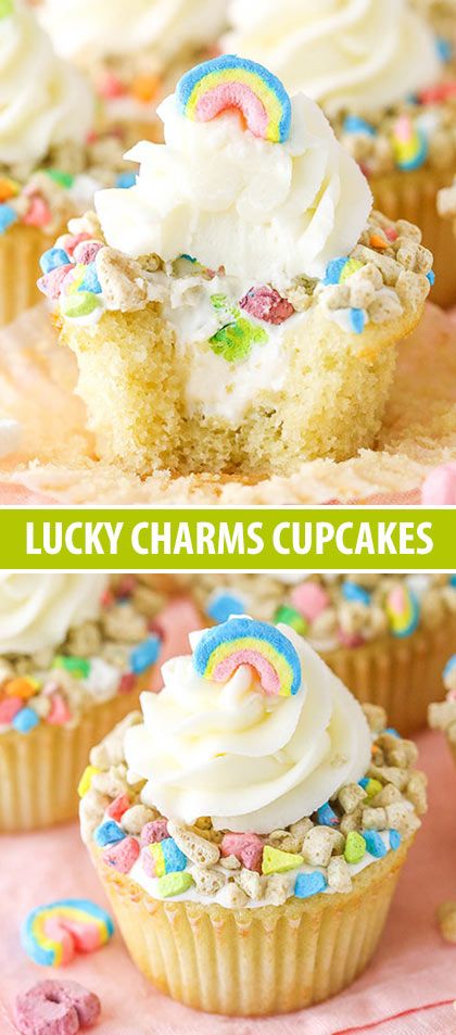 Lucky Charms Cupcakes are cereal milk cupcakes with Lucky Charms marshmallow filling, Lucky Charms crumbled on top & a swirl of frosting! #luckycharms #cupcakes #rainbows #rainbowcake Lucky Charms Cupcakes, Milk Cupcakes, Milk Frosting, Marshmallow Filling, Lucky Charms Marshmallows, Cereal Milk, Cupcake Flavors, S'mores, Köstliche Desserts