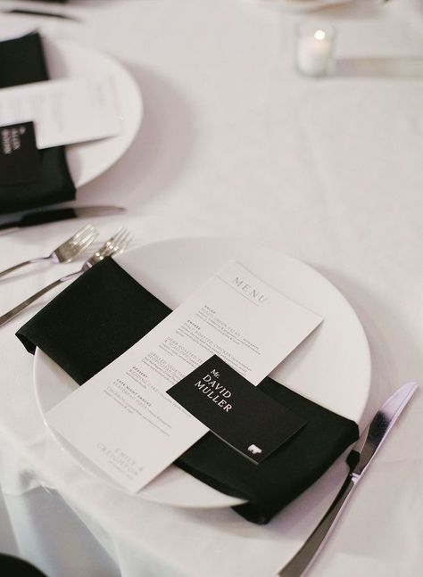 Creative Wedding Menu Ideas, White Napkin Black Menu Wedding, Black Napkins Wedding Place Settings, Black And White Wedding Place Settings, Black Napkins Wedding, White Wedding Table Setting, Wedding Menus Design, Stationary Wedding, Taupe Wedding