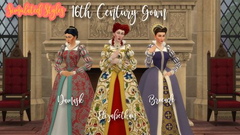 16th Century Gown by Simulated Styles This dress was a commission for the darling @persimmontrees and is now public! more info & download below the cut! This gown started as a request from the lovely... 16th Century Gown, Sims 4 Medieval Cc, Sims 4 Medieval, Elizabethan Gown, Tudor Dress, Sims Medieval, Lady In Waiting, Sims Four, Sims4 Clothes