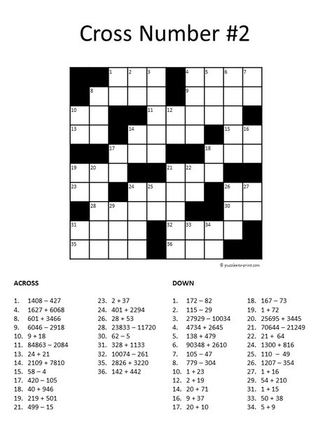 Another brain stimulating math puzzle from Puzzles to Print:  number crossword puzzle using addition and subtraction.  Includes answers. Math Crossword, Kindergarten Subtraction, Free Printable Crossword Puzzles, Fill In Puzzles, Java Code, Puzzle Printable, Cross Word, Math Logic Puzzles, Printable Cross