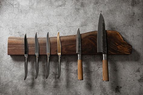 This magnetic knife holder is an ideal kitchen gift for Dad and a perfect decor for the kitchen. It's also a great gift for men, chef gifts for home, and presents as a knife set holder. 𝐃𝐄𝐓𝐀𝐈𝐋𝐒 🧲 Magnetic Wood Knife Holder 🧲 Mounting hardware included for the wall 🧲 Length options are 10", 16", and 25" long 🧲The 10 inch block is 2 inches high and the 16 and 25 inch blocks are 5         inches high 🧲 Heights are all approximate since each live edge piece is unique 𝐇𝐎𝐖 𝐓𝐎 𝐎𝐑𝐃𝐄𝐑 🛒 Select Block Color 🛒 Select Block Size 🛒 Add To Cart 🛒 Select Desired Shipping Method 𝐒𝐇𝐈𝐏𝐏𝐈𝐍𝐆 🚚Ships in 3-5 business days 🚚Default Shipping is Ground 📱  𝐋𝐄𝐓'𝐒 𝐂𝐎𝐍𝐍𝐄𝐂𝐓  📱 Follow us on social media for sneak peeks of your order, new product launches and exclusive disco Chef Knife Bags, Magnetic Knife Rack, Magnetic Knife Blocks, Knife Organization, Magnetic Knife Holder, Decor For Kitchen, Wooden Knife, Elegant Wall Art, Wood Knife