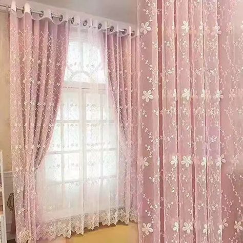 Curtains Double, Pink Blackout Curtains, Blackout Window Treatments, Layered Curtains, Bow Window, Stylish Curtains, Cool Curtains, Sheer Scarf, Drape Panel