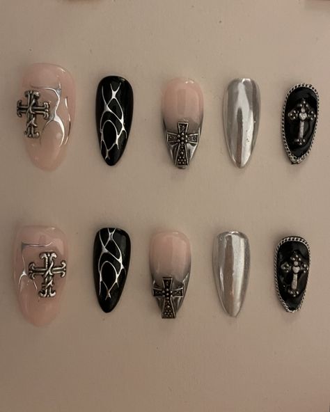 chrome hearts nails 🖤 - - - - - - - - #altnails #chromeheartsnails #chromenails #nails #explorepage #opiumnails #nailsofinstagram #nailinspo #ykkrylix #nailart #crossnails #christiannails #chromehearts #cartinails #kencarson #viral #trending #explore #fyp #cute #love #baddie #goth #uniquenails Chrome Nails With Cross Charms, Black Nails Chrome Heart, Chrome Hearts Nails Designs, Black Nails With Cross, Chrome Heart Nails, Chrome Hearts Nails, Cross Nail Designs, Prime Makeup, Hearts Nails