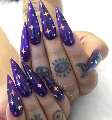 pin | @untetheredsun Witchy Nails, Stiletto Nail Art, Pointed Nails, Purple Nail, Stiletto Nails Designs, Round Nails, Jelly Nails, Foil Nails, Oval Nails