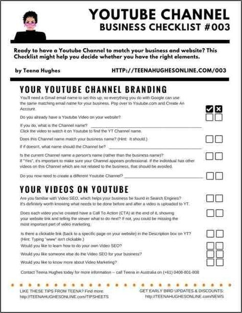 Youtube Channel Business Checklist 003 | Teena Hughes Online Youtube Video Checklist, Start A Youtube Channel Checklist, Youtube Business Plan, Youtube Channel Checklist, Youtube Checklist, Youtube Essentials, Megan Moore, Empire Building, Social Media Checklist