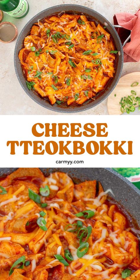 If you love tteokbokki, then you’re going to love this cheesy version! Chewy rice cakes and fish cakes smothered in a sweet and spicy sauce then topped with melted cheese, this cheese tteokbokki is going to be your new favourite side dish. Tteokbokki, also known as dukbokki, topokki, or ddeokbokki, is a popular Korean street food. It’s one of my favourite side dishes as I love how it’s sweet, savoury, spicy, and chewy! Sweet Tteokbokki, Topokki Recipe, Cheese Topokki, Cheesy Tteokbokki, Cheese Tteokbokki, Silken Tofu Recipes, Tteokbokki Recipe, Comfort Recipes, Sweet And Spicy Sauce