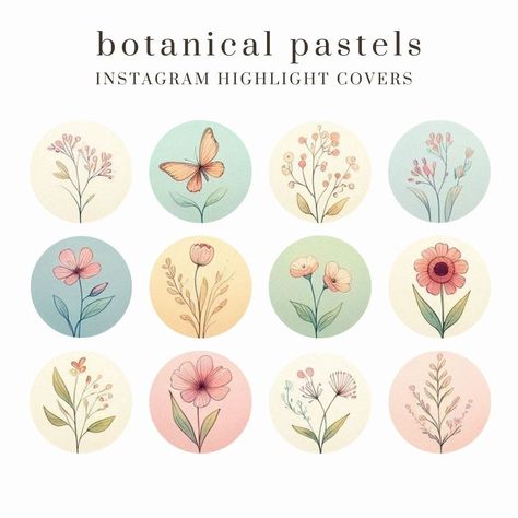 12 Botanical Pastel Instagram Highlight Covers THIS PURCHASE IS AN INSTANT DIGITAL DOWNLOAD  This branding kit includes 12 instagram story highlight icons in pastel colours of beautiful spring botanicals.   The clip art set is perfect for instagram story highlight icons, photographer social media branding, scrap booking, card making, invites, websites, blogs, gift & box wrapping, planner stickers, photography marketing, posters, valentines day, scrapbooking, branding, Baby Shower Invites, Birthd Cottagecore Instagram Highlights, Pastel Instagram Highlight Covers, Stickers Photography, Pastel Highlights, Colourful Watercolour, Cupcake Logo, Box Wrapping, Media Branding, Marketing Poster