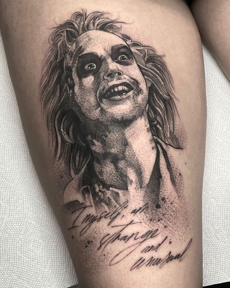 #beetlejuice #beetlejuicetattoo #blackandgreytattoo #lydiadeetz Beetlejuice Portrait Tattoo, Beetlejuice Tattoo Stencil, Bettle Juice Tattoo Tim Burton, Beetlejuice Tattoo Design, Beatle Juice Tattoo Ideas, I Myself Am Strange And Unusual Tattoo, Bettle Juice Tattoos, Beetle Juice Tattoos, Beetlejuice Tattoo Small