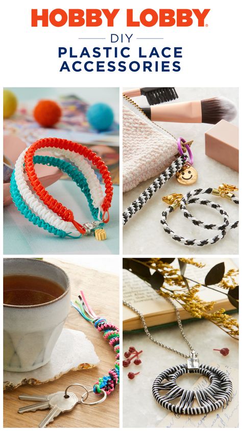 Take a look at our chic selection of DIY earrings, bracelets and even a purse – all made from the same colorful cords used for summer camp crafts. Hobby Lobby Bracelets Diy Jewelry, Diy Hobby Lobby, Hobby Lobby Diy, Plastic Lace, Camp Crafts, Summer Camp Crafts, Lace Accessories, Bracelets Diy, Diy Projects Videos