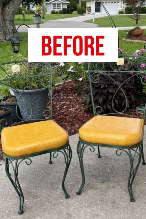 Wrought Iron Chairs Makeover, Reupholster Patio Chairs, Wrought Iron Chairs Outdoor, Wrought Iron Outdoor Furniture Makeover, Wrought Iron Patio Furniture Makeover, Painting Metal Chairs, Metal Chair Makeover, Metal Kitchen Chairs, Patio Chairs Makeover