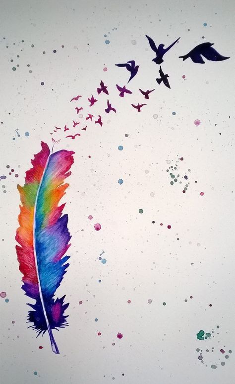 Rainbow feather with birds flying away | August 2014 Samantha Burnett Tatoo Dog, Feather Drawing, Feather Tattoo Design, Feather Art, Feather Tattoos, Bird Drawings, Birds Flying, Birds Painting, Art Drawings Sketches