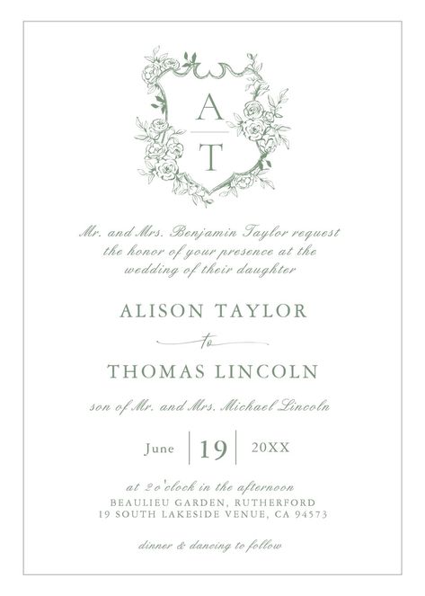 formal wedding invitations classic floral crest sage green wedding invitation botanical greenery roses floral wreath vintage crest wedding logo hand written hand lettered monogram monogrammed name initials classic formal elegant wedding invite calligraphy simple clean traditional invitation minimalist shield crest script card sage green olive forest outdoor #fyp Green Wedding Card Design, Wedding Invitations Classic, Calligraphy Simple, Invitation Minimalist, Traditional Invitation, Logo Hand, Traditional Wedding Invitations, Formal Wedding Invitations, Green Wedding Invitations