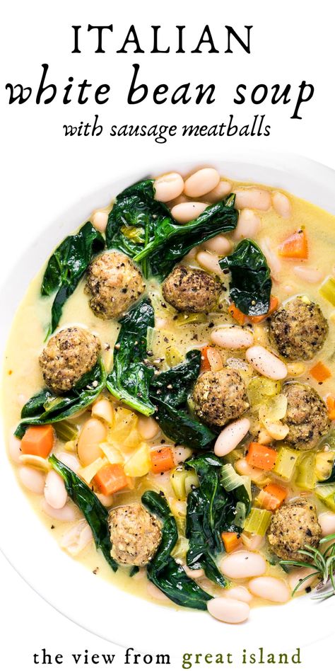 White Bean And Sausage Soup, Italian White Bean Soup, Mediterranean Pantry, White Bean And Sausage, Bean Soup With Sausage, Sausage Meatballs Recipes, Dinner Mediterranean, Italian Bean Soup, Bean And Sausage Soup