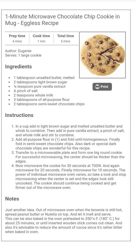 Microwave "single" chocolate chip cookie- eggless Cookie In A Mug Recipe No Egg, Eggless Microwave Cookie, Eggless Mug Cookie, Eggless Cookie In A Mug, Mug Cookie Recipe No Egg, 3am Snacks, Single Chocolate Chip Cookie Recipe, Cookies Recipes Microwave, Chocolate Chip Cookies Eggless