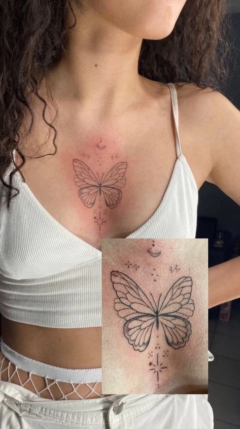 Butterfly Chest Tattoo Female, 143 Tattoo, Butterfly Chest Tattoo, Borboleta Tattoo, Feather Tattoo Meaning, Balance Tattoo, Wrist Tattoo Cover Up, Basic Tattoos, Birthday Tattoo