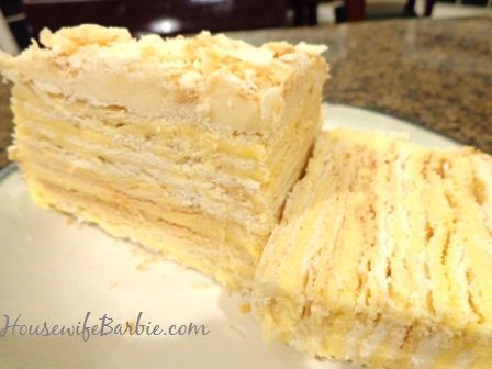 Mine is 10 layers pastry and 10 layers filling with a top layer of crushed pastry for a total of 22 layers     Craving this.  So muc... Napoleon Torte, Lithuania Food, American Housewife, Lithuanian Recipes, Homemade Foods, Vanilla Filling, Torte Recipe, Ukrainian Recipes, Favorite Pie