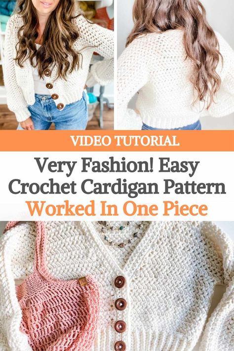 Very Fashion! Easy Crochet Cardigan Pattern Worked In One Piece Crochet Crop Top Cardigan Pattern Free, Crochet Cropped Cardigan Pattern Free Easy, Crochet Crop Sweater Pattern Free Easy, Quick And Easy Crochet Cardigan, Crochet Button Cardigan Pattern Free, One Piece Crochet Cardigan, One Piece Crochet Cardigan Free Pattern, Crochet Crop Cardigan Pattern Free, Crochet Cropped Cardigan Pattern Free