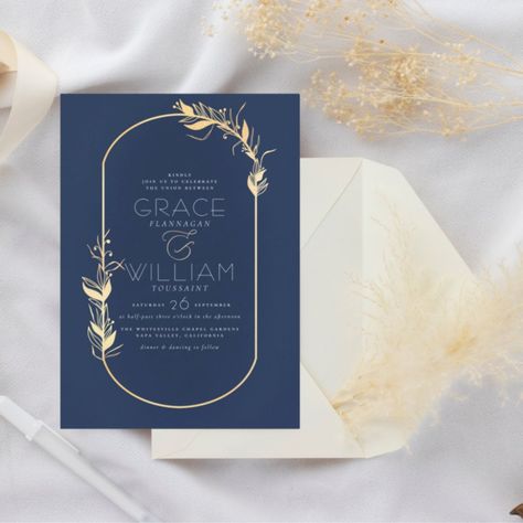 Gold Leaf Invitations, Frame Wedding Invitation, Botanical Frame, Leaf Invitations, Gold Foil Wedding Invitations, Gold Foil Invitation, Navy Blue Wedding Invitations, Wedding Postcard, Foil Pressed Wedding Invitations