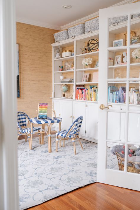 Favorites Things in Our Kids' Playroom - Shining on Design Playroom Chandelier Ideas, Main Level Playroom, Play Area Off Living Room, Dining Room As Playroom, Grand Millennial Playroom, Dinning Room Turned Playroom, Grandmillenial Playroom Ideas, Playroom With Storage, Playroom Off Living Room