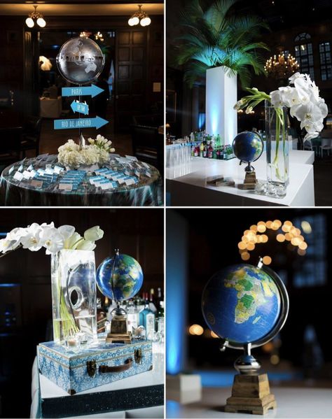 Travel Theme Corporate Event, Travel Centerpieces Party Ideas, Travel Theme Event, Travel Theme Centerpiece Ideas, Globe Centerpiece Ideas, International Party Theme, Around The World Prom Theme, Travel Centerpieces, Debutante Party