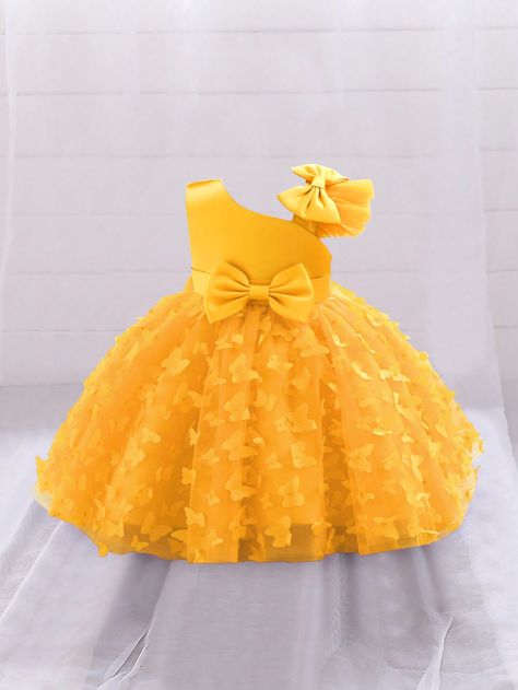 Yellow  Collar Sleeveless Woven Fabric Colorblock,Plain,Plants,Textured Pattern Fit and Flare Embellished Non-Stretch All Baby Girls Clothing Baby Party Dresses, Lace Blouse Styles, Baby African Clothes, Bubu Gown Styles, Corset Fashion Outfits, Butterfly Applique, Girls Ball Gown, Yellow Lace Dresses