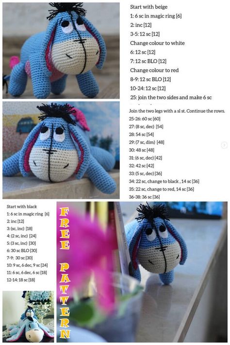 Eeyore Amigurumi, Amigurumi Marvel, Donkey Pattern, Disney Crochet Patterns, Amigurumi Minta, Crochet Toys Free, Crochet Disney, Pola Amigurumi, Crochet Gratis