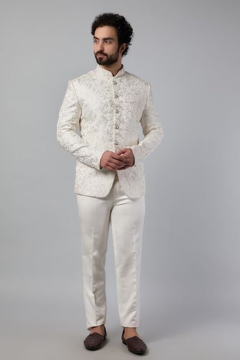 White bandhgala with all over woven floral swirl motifs. Comes with matching pant. - Aza Fashions White Bandhgala, Fashion App, Jacquard Weave, Mandarin Collar, Aza Fashion, Mens Pants, Swirl, For Men, Floral