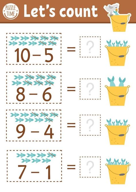 How many fish game with cute fishes in the bucket with water. Summer math subtraction activity for preschool children. Printable simple counting worksheet for kids with seagull Fishing Stem Activities, Fishing Worksheet, Fishing Game Preschool, Fishing For Numbers Preschool, Fish Worksheet, Bucket With Water, Cute Fishes, Fun Summer Activities For Kids, Subtraction Activity