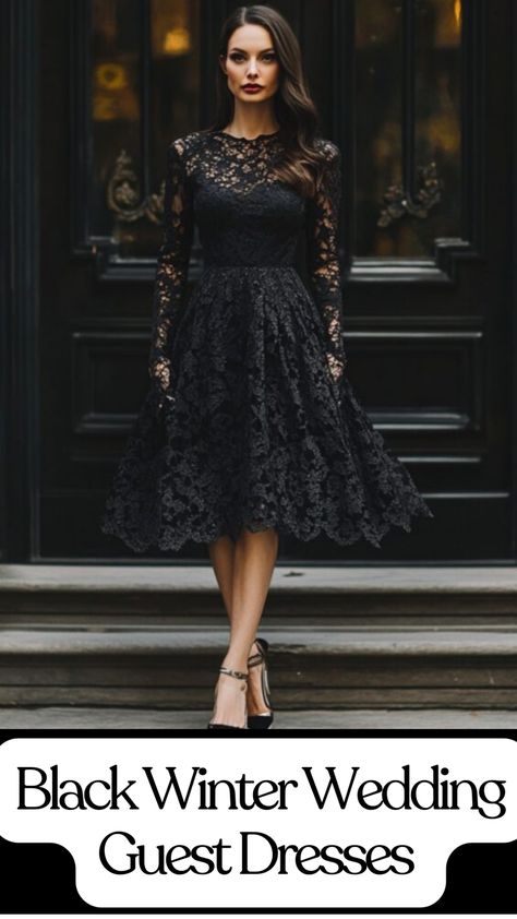 A chic black lace fit-and-flare dress styled with metallic heels and subtle jewelry, perfect for winter wedding guests. January Wedding Guest Dress, Wedding Guest Looks Winter, December Wedding Guest Outfit, December Wedding Guest Outfits, Cold Weather Wedding Outfit Guest, Black Winter Wedding, Winter Wedding Dress Guest, Wedding Guest Dress Winter, Wedding Guest Winter