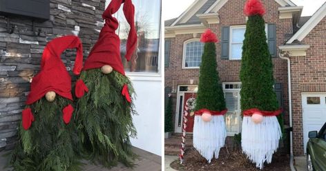 Cedar Tree Christmas Gnomes, Cedar Gnomes Diy, Outdoor Gnomes, Gnome Tree, Wreath Stand, Outdoor Trees, Gnomes Diy, Outdoor Decorating, Gnome Christmas