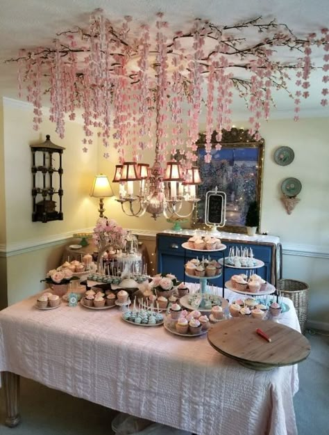 Blossom Party Theme, Blossom Theme Party, Cherry Blossom Party Ideas, Cherry Blossom Party Decorations, Cherry Blossom Tea Party, Quinceanera Cherry Blossom Theme, Cherry Blossom Ceiling, Cherry Blossom Birthday, Blossom Baby Shower Ideas