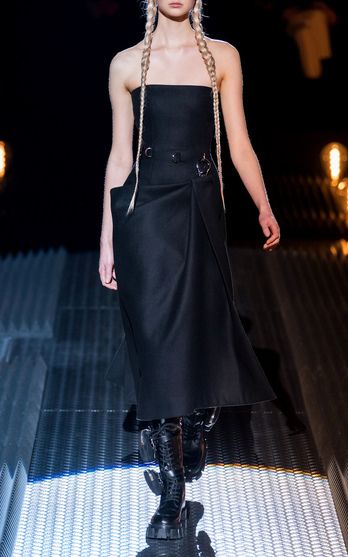 Prada Trunkshow | Moda Operandi Prada Runway, Prada Dress, Platform Combat Boots, Corset Midi Dress, Prada Fashion, Womens Designer Boots, Wool Crepe, Heel Boot, Gorgeous Gowns