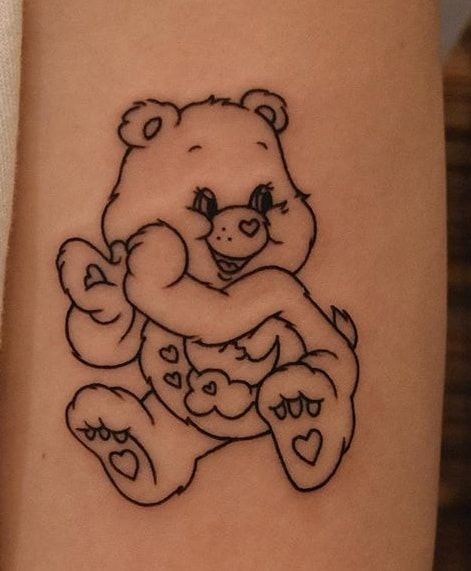 Non Basic Best Friend Tattoos, Carebares Tattoo, Bedtime Bear Tattoo, Care Bear Heart Tattoo, Care Bear Tattoo Outline, Affection Tattoo, Care Bears Tattoo Ideas, Fine Line Leg Tattoo, 2000s Tattoo Ideas