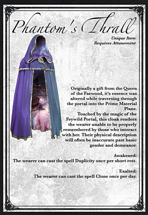 Dnd Magic Robe, Dnd Magic Items Homebrew Cloak, Dnd Cloak Item, Dnd Cloak, Dnd Loot, Staff Magic, Homebrew Items, Dungeons And Dragons Rules, Dnd Magic