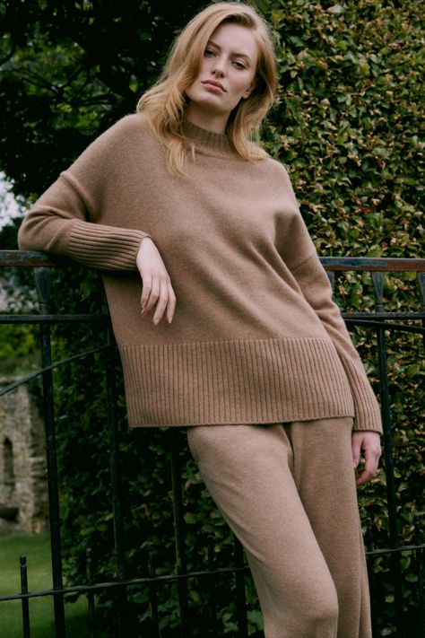 Camel Cashmere Sweater and Trackpants by Chinti and Parker. Camel Cashmere Sweater, Cashmere Loungewear, Party Bottoms, Party Jackets, Design Sketchbook, Chinti And Parker, Fashion Design Sketchbook, Day To Night Dresses, Cashmere Dress