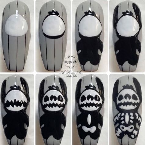 Kelly Scothorn on Instagram: "Skeleton Stitch! 🖤🖤🖤 How cute is this little guy? I know many of you love Stitch. I created this #stepbystep pictorial last Halloween. Broken down into easier steps, this spooky Stitch can be built up in small sections and can be easily achieved even if you’re not as confident at drawing characters. All this was created using a detailer brush and a dotting tool 🖤 Have a go and see how you get on. I’d love to see some recreations 🖤 @magpie_beauty Using #everyt Skeleton Stitch, Spooky Stitch, Disney Halloween Nails, Cartoon Nail Designs, Halloween Nails Diy, Drawing Characters, Holloween Nails, Last Halloween, Cute Halloween Nails