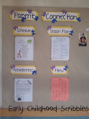 Early Childhood Scribbles: Parent & Welcome Bulletin Board Parent Bulletin Boards, Infant Room Ideas, Infant Toddler Classroom, Welcome Bulletin Boards, Daycare Rooms, Daycare Organization, Parent Board, Infant Classroom, Preschool Bulletin