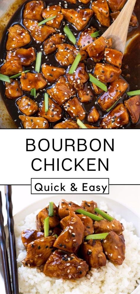 This super Easy One Pan Bourbon Chicken tastes so much better than the restaurant version! Ready in just 20 minutes, this recipe is perfect for busy nights. Serve with rice, noodles, and vegetables to make it a meal! I's so much better than the standard food court recipe! The chicken turns out tender, juicy, and loaded with tons of sauce. Plus you can control the sweetness, saltiness and spice level when you make your favorite take out dishes at home. Easy Bourbon Chicken, Drumstick Chicken, Bourbon Chicken Recipe, Casserole Chicken, Chicken Recipes Boneless, Baked Chicken Recipes Easy, Mexican Chicken Recipes, Oven Chicken Recipes, Bourbon Chicken