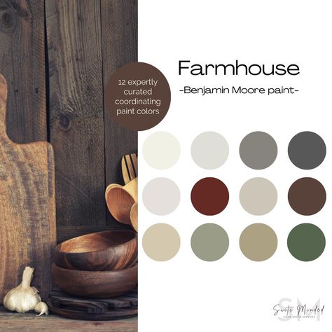 Discover a beautiful color palette with warm earthy tones, and 12 different paint references from Benjamin Moore, including Chelsea Gray, and Revere Pewter. This detailed, expertly put together, and budget-friendly paint palette will give your house the perfect farmhouse/rustic style. It contains: - 12 carefully selected paint colors from Benjamin Moore: we've thoughtfully handpicked a palette of 12 stunning Benjamin Moore paint colors to create the perfect interior space. - Detailed color descr Farmhouse Color Palette Benjamin Moore, Raintree Green, Color Palette Benjamin Moore, Paint Sheen Guide, Coordinating Paint Colors, Interior Paint Color, Farmhouse Color Palette, Cottagecore Ideas, Farmhouse Color